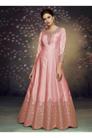 pink satin silk gown style embroidered anarkali suit 3076